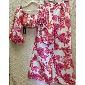 Shein X Floral‎ Wide Leg Pants Crop-top 0XL Hippie Boho Orange Pink 70's COSTUME